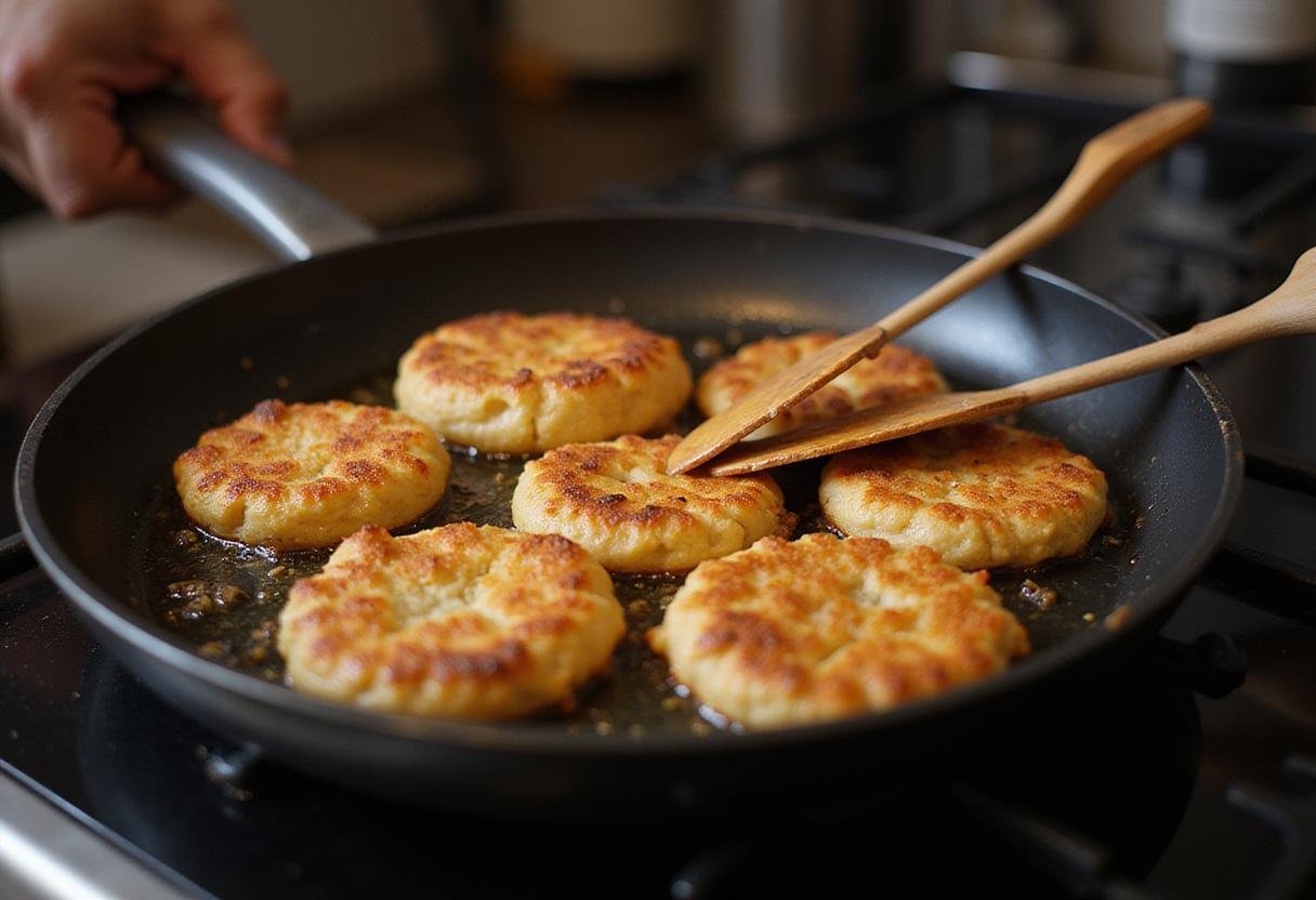 Cooking Colombian Arepas in a frying pan, showcasing the browning process for perfect texture and flavor.