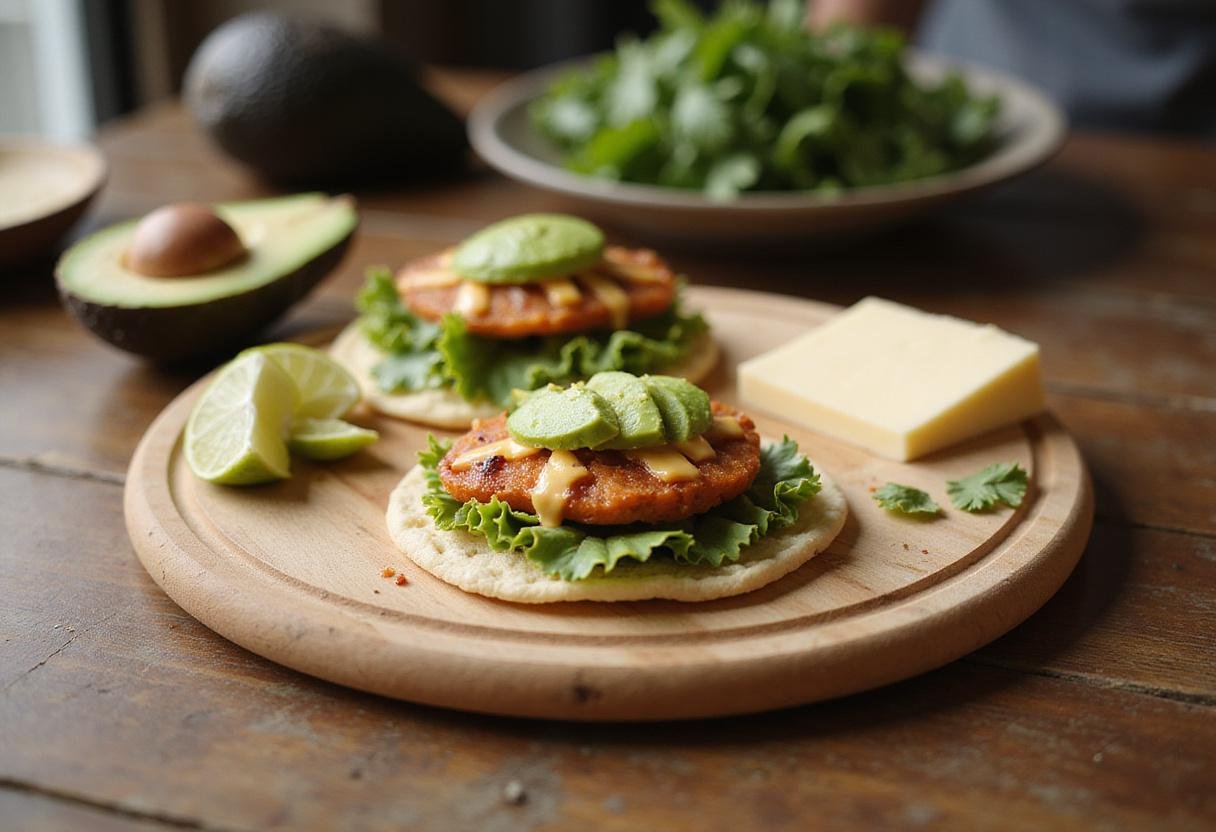 Preparing to serve Colombian Arepas on a wooden board alongside fresh avocado and cheese, perfect for a hearty meal.
