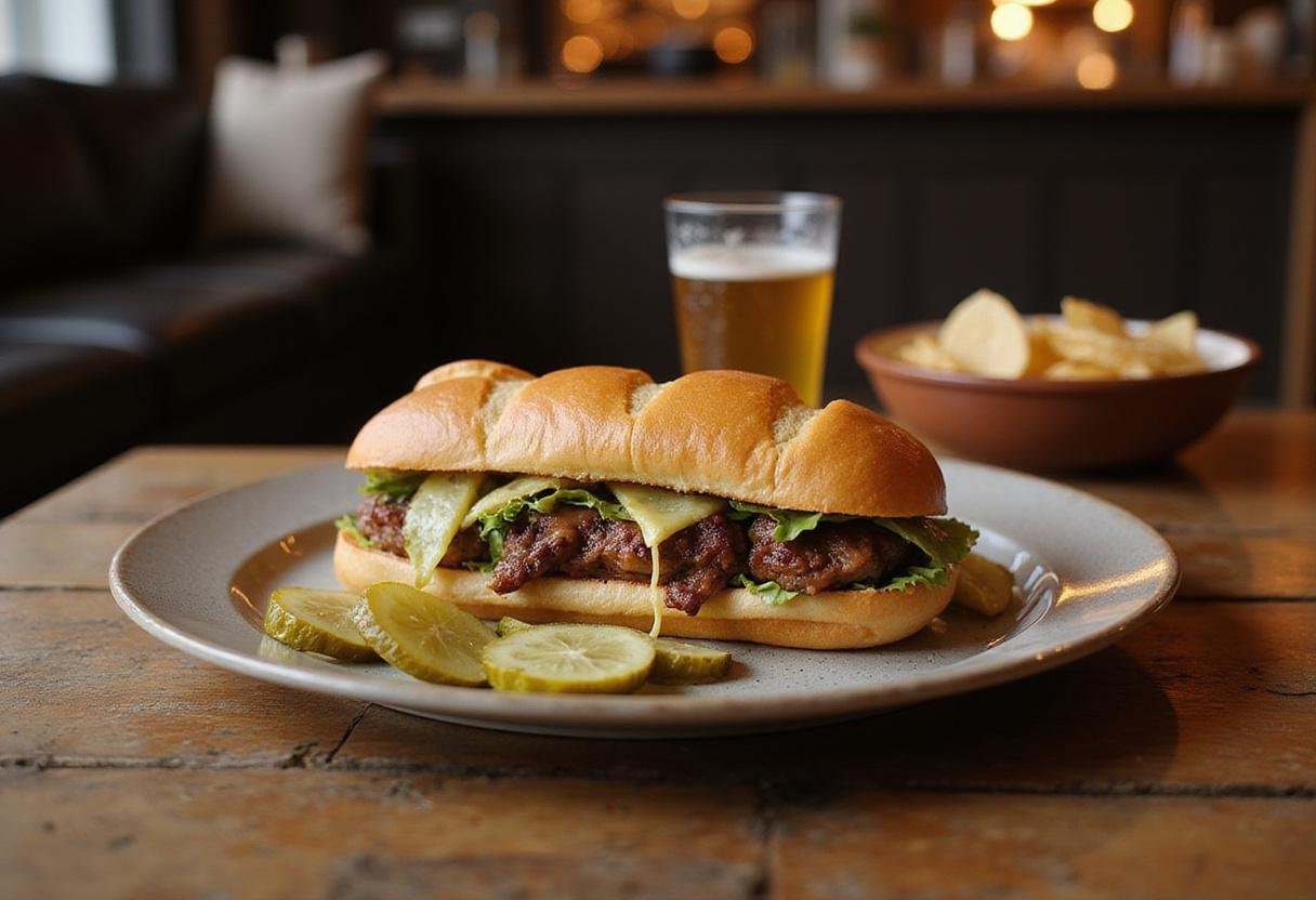 Delicious Narcos Cuban Sandwich served on a plate with pickles and chips, perfect for a hearty meal.