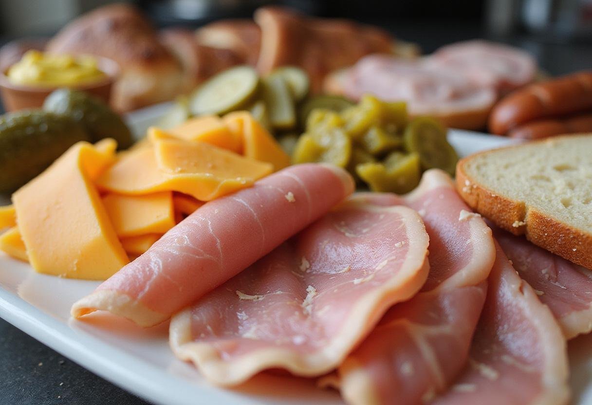 Fresh ingredients for Narcos Cuban Sandwich, including ham, pork, Swiss cheese, pickles, and mustard on a clean countertop.