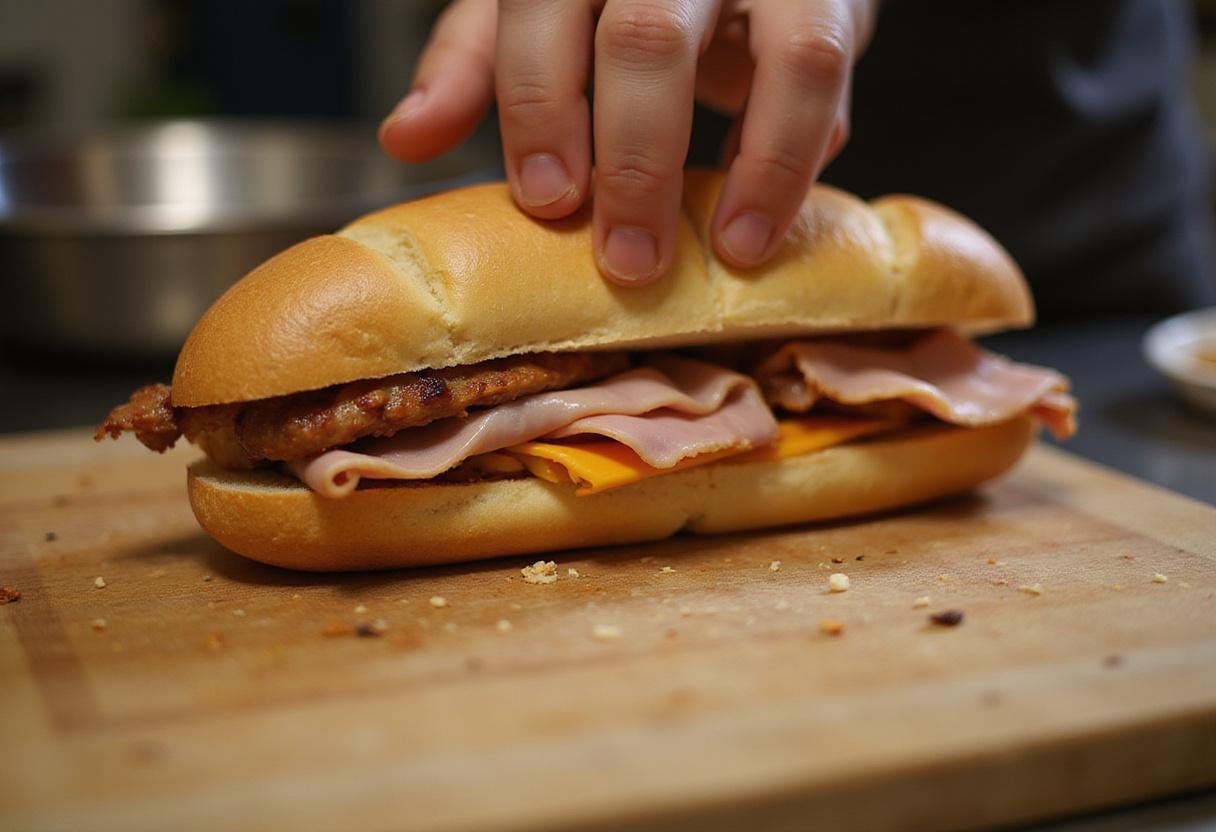 Constructing a Narcos Cuban Sandwich with layers of roasted pork, ham, and cheese between fresh Cuban bread.