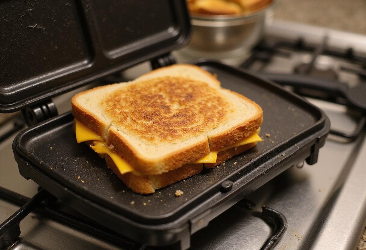 Grilling the Narcos Cuban Sandwich in a sandwich press, highlighting melted cheese and crispy bread.