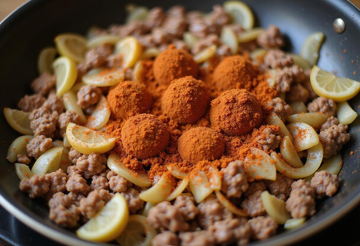 Cooking the filling with beef and onions for Narcos Empanadas, showcasing a savory mixture of flavors.
