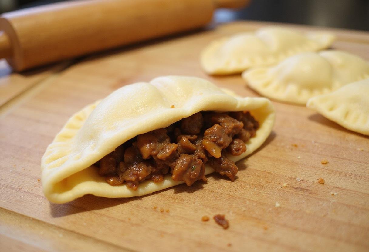 Shaping Narcos Empanadas filled with beef and onions, showing the handmade aspect of the recipe.