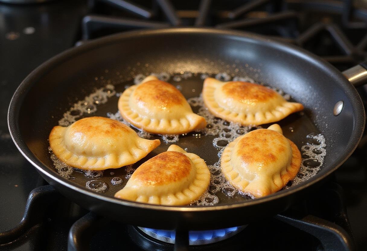 Frying Narcos Empanadas until golden brown, illustrating the cooking process of this delicious dish.