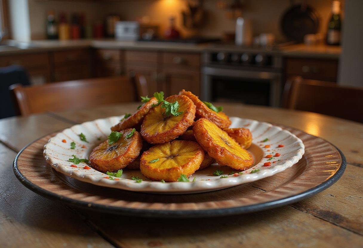 Final presentation of Narcos Fried Plantains, showcasing the crispy texture and vibrant colors in a cozy kitchen setting.