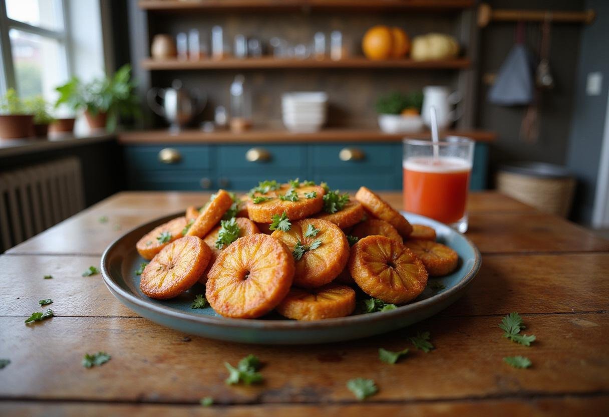 Final presentation of Narcos Fried Plantains, showcasing the crispy texture and vibrant colors in a cozy kitchen setting.