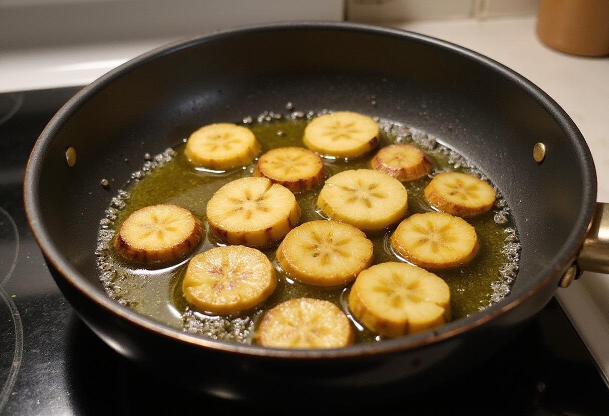 Plantain slices frying in hot oil, emphasizing the tasty golden color crucial for perfect Narcos Fried Plantains.