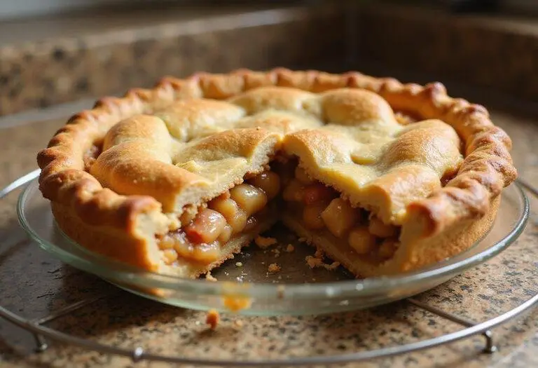Gorgeous Once Upon a Time Magic Apple Pie cooling on a countertop, showcasing its delicious apple filling and golden crust.