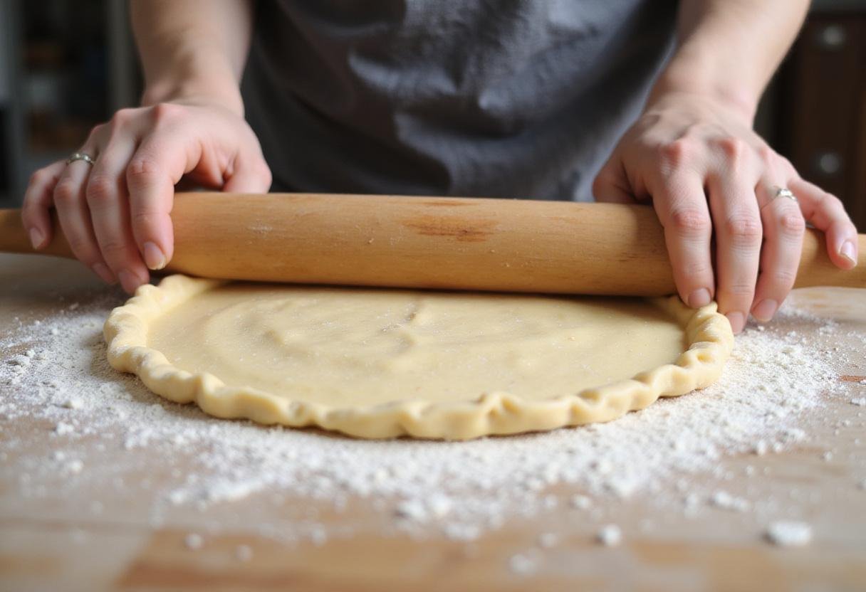 Rolling out pie crust dough for an exquisite Once Upon a Time Magic Apple Pie in a charming kitchen.