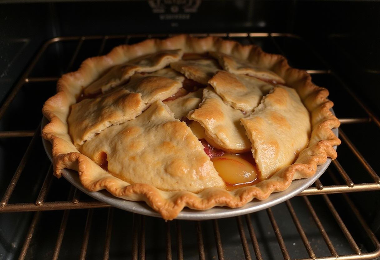 Assembled Once Upon a Time Magic Apple Pie being placed in the oven to bake to perfection.