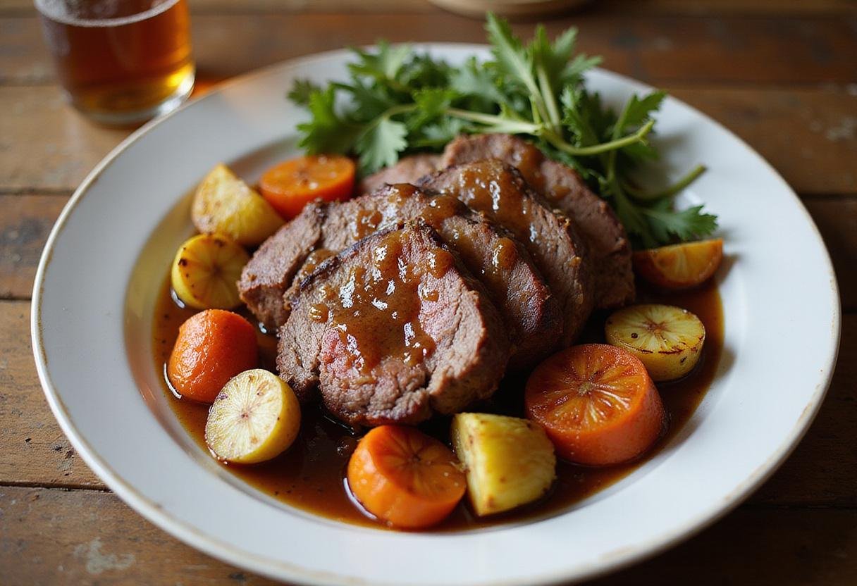 Final presentation of Peaky Blinders Whiskey Roast, featuring tender beef and colorful vegetables on a rustic table, ideal for any festive meal.