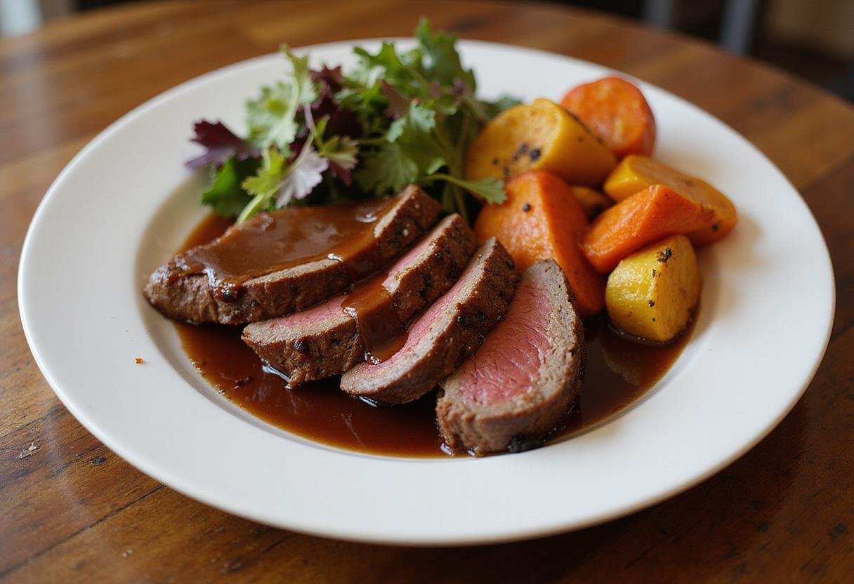 Final presentation of Peaky Blinders Whiskey Roast, featuring tender beef and colorful vegetables on a rustic table, ideal for any festive meal.