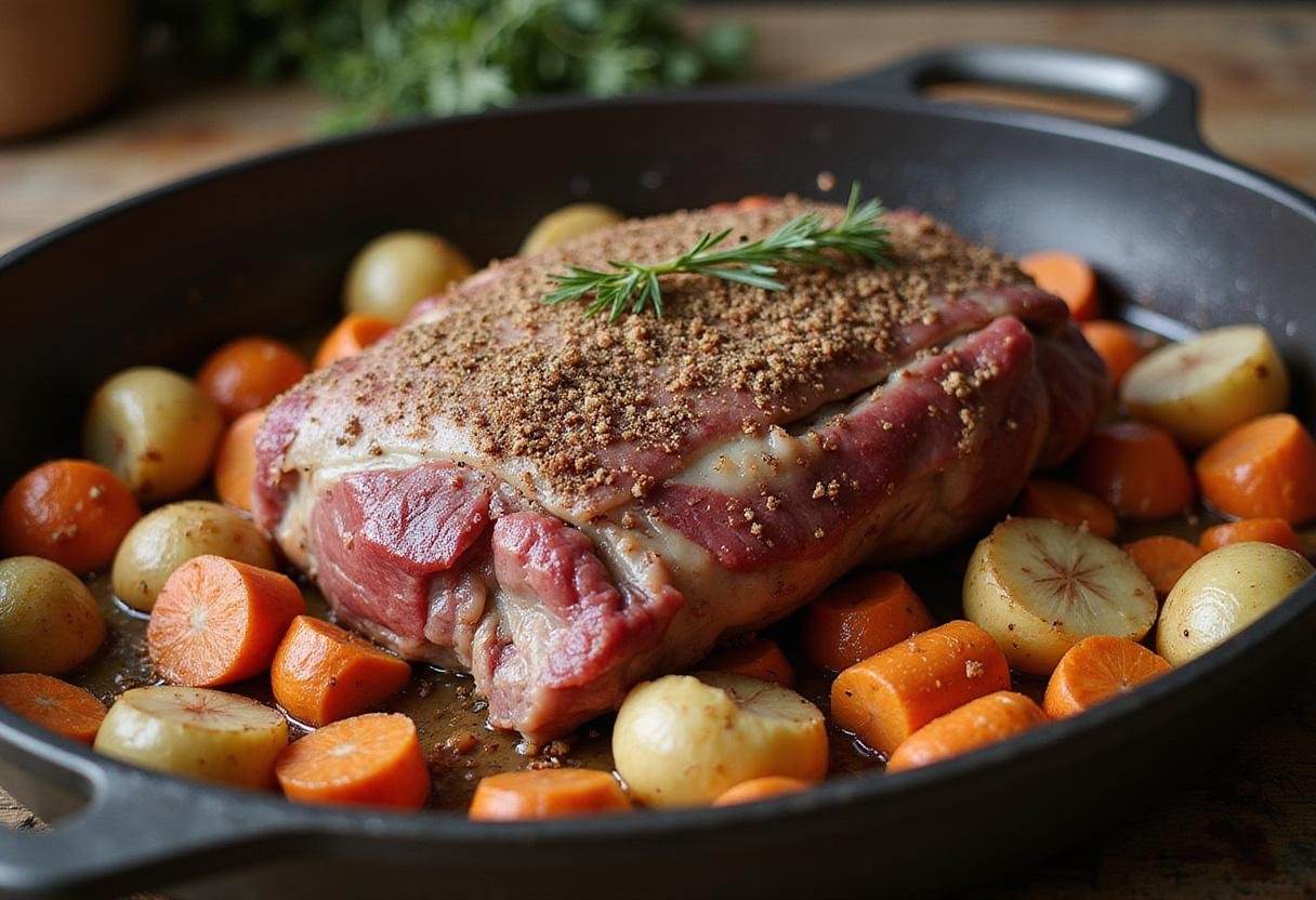 Peaky Blinders Whiskey Roast preparation featuring seasoned beef and fresh vegetables in a rustic kitchen atmosphere.