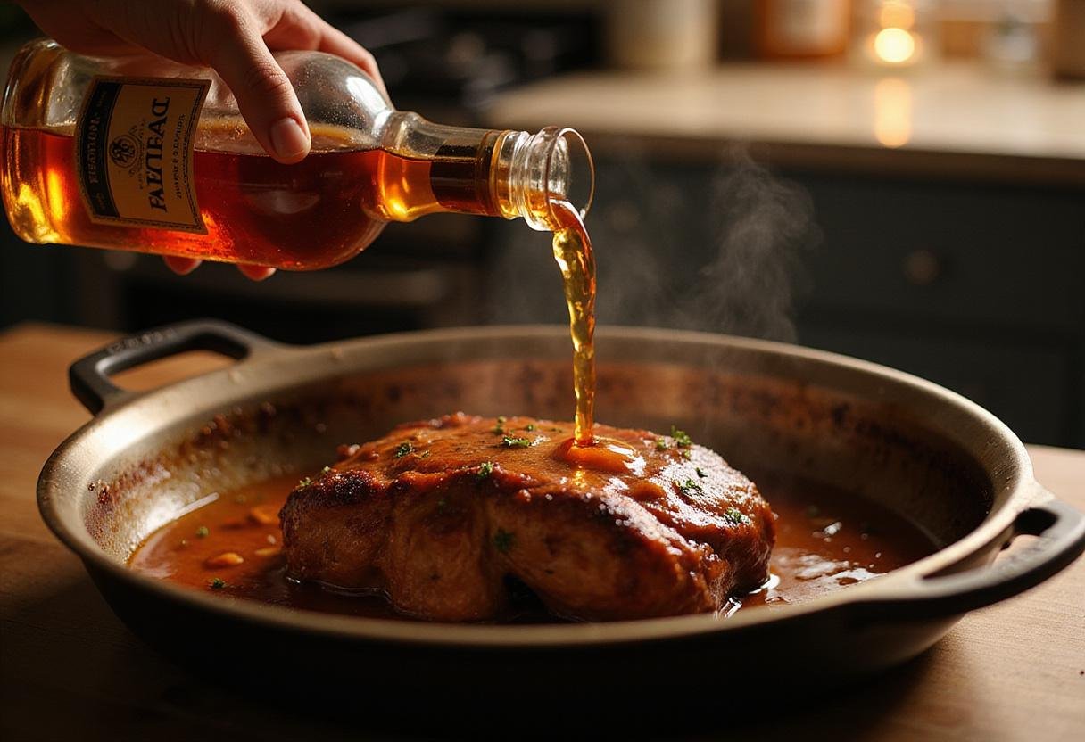 Pouring whiskey over the seasoned roast for a flavorful Peaky Blinders Whiskey Roast in a cozy kitchen environment.