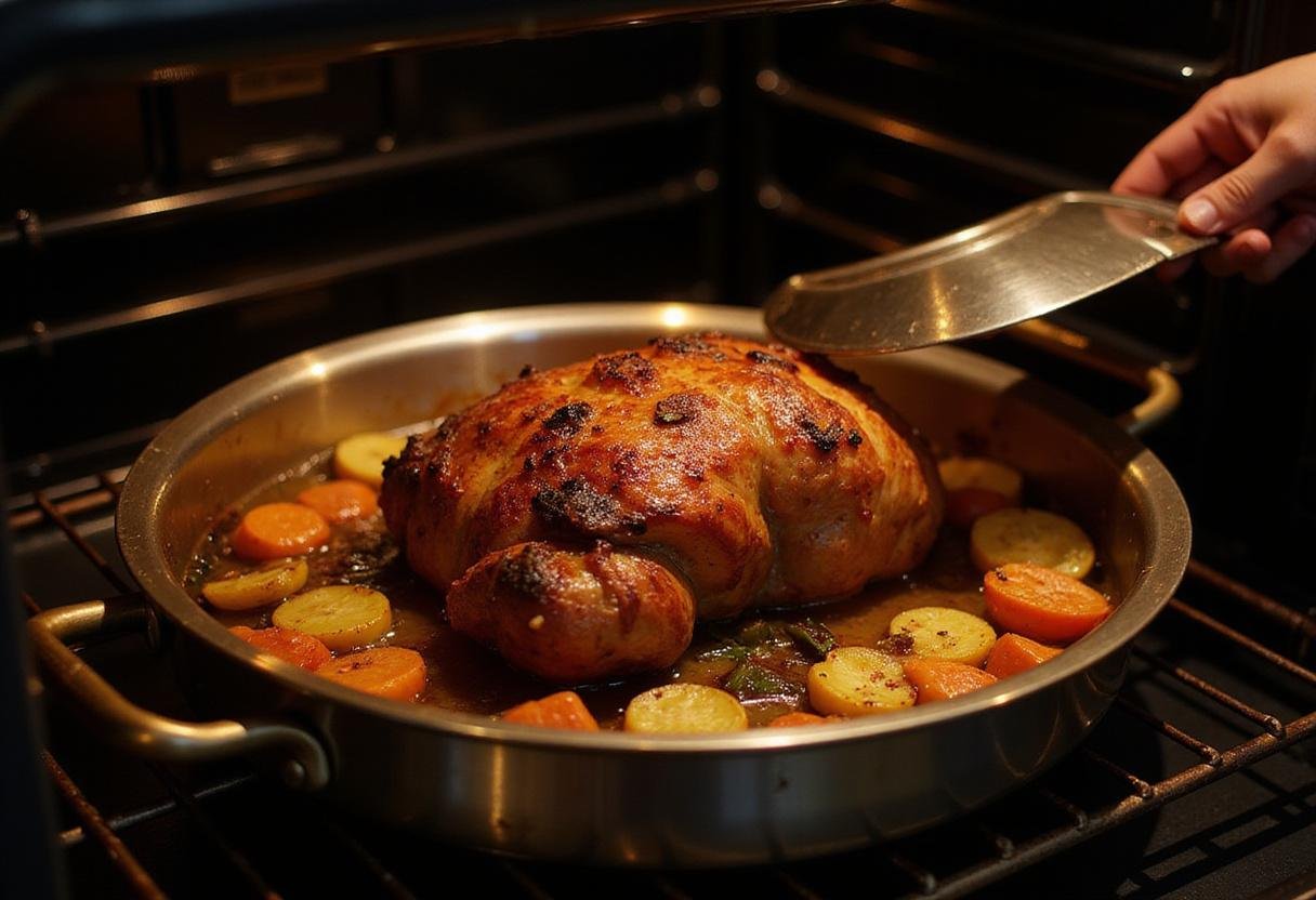 Taking out the perfectly cooked Peaky Blinders Whiskey Roast from the oven, golden and caramelized, ready to serve.