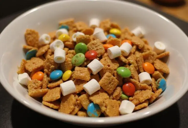 Finished Scooby Doo cereal mix in a large bowl, featuring colorful ingredients and garnished with extra marshmallows, perfect for snacking.