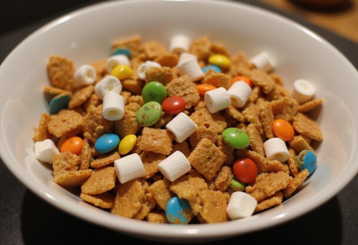 Finished Scooby Doo cereal mix in a large bowl, featuring colorful ingredients and garnished with extra marshmallows, perfect for snacking.