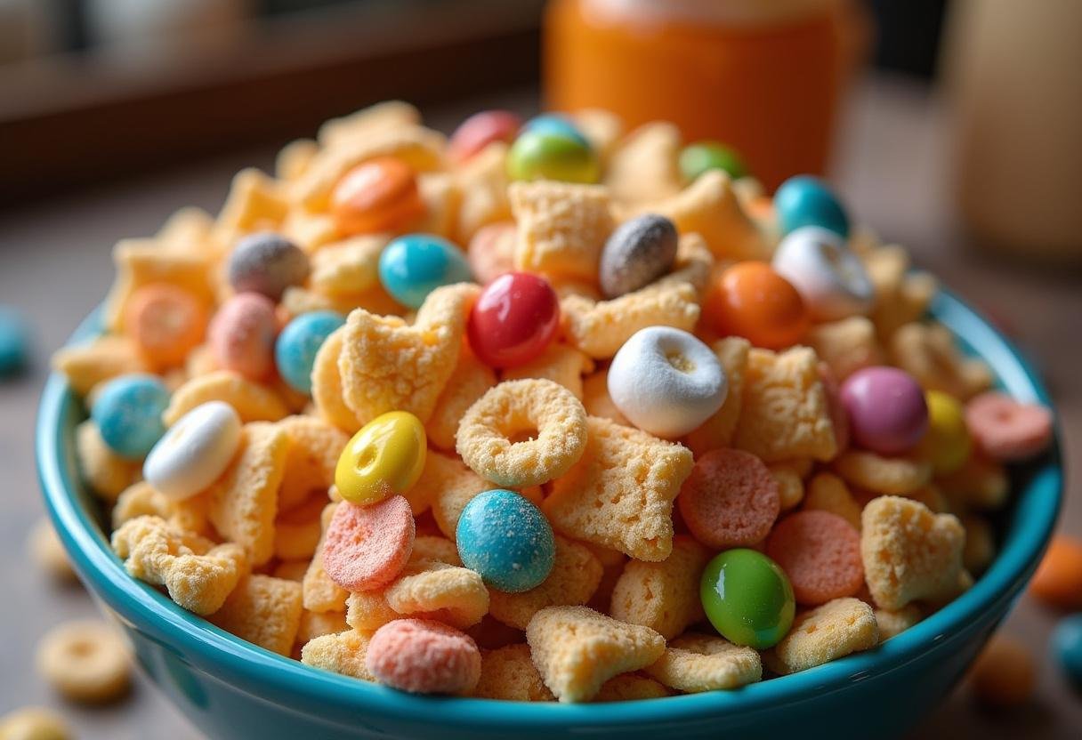 Finished Scooby Doo cereal mix in a large bowl, featuring colorful ingredients and garnished with extra marshmallows, perfect for snacking.