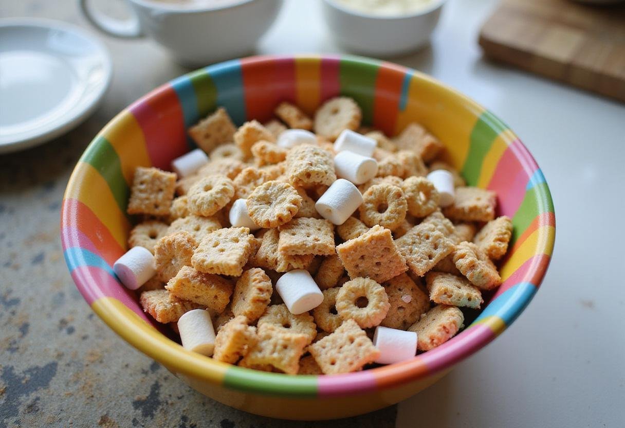 Bright and colorful Scooby Doo cereal mix ingredients on a kitchen countertop, featuring a variety of cereals and vibrant marshmallows.