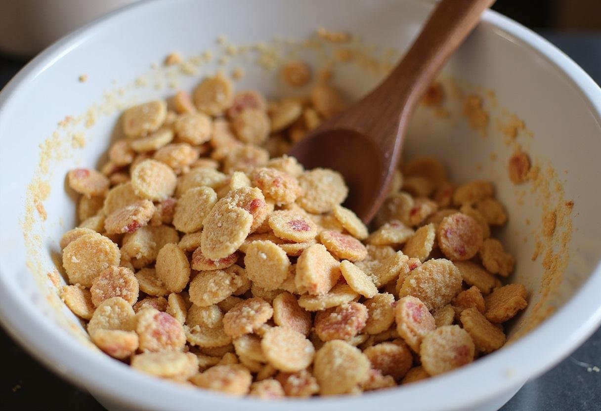 Mixing vibrant Scooby Doo cereal mix ingredients in a large bowl with a wooden spoon, emphasizing the fun and colorful textures of the mix.