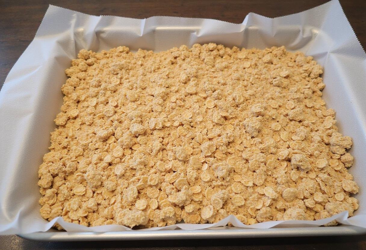 Scooby Doo cereal mix spread evenly on a baking tray, prepared for cooling, presenting a delightful and fun snack.