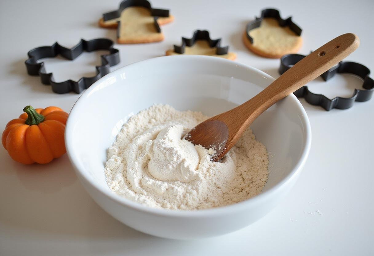 Start making Scooby Doo Creepy Cookies by mixing flour and sugar, perfect for Halloween treats.