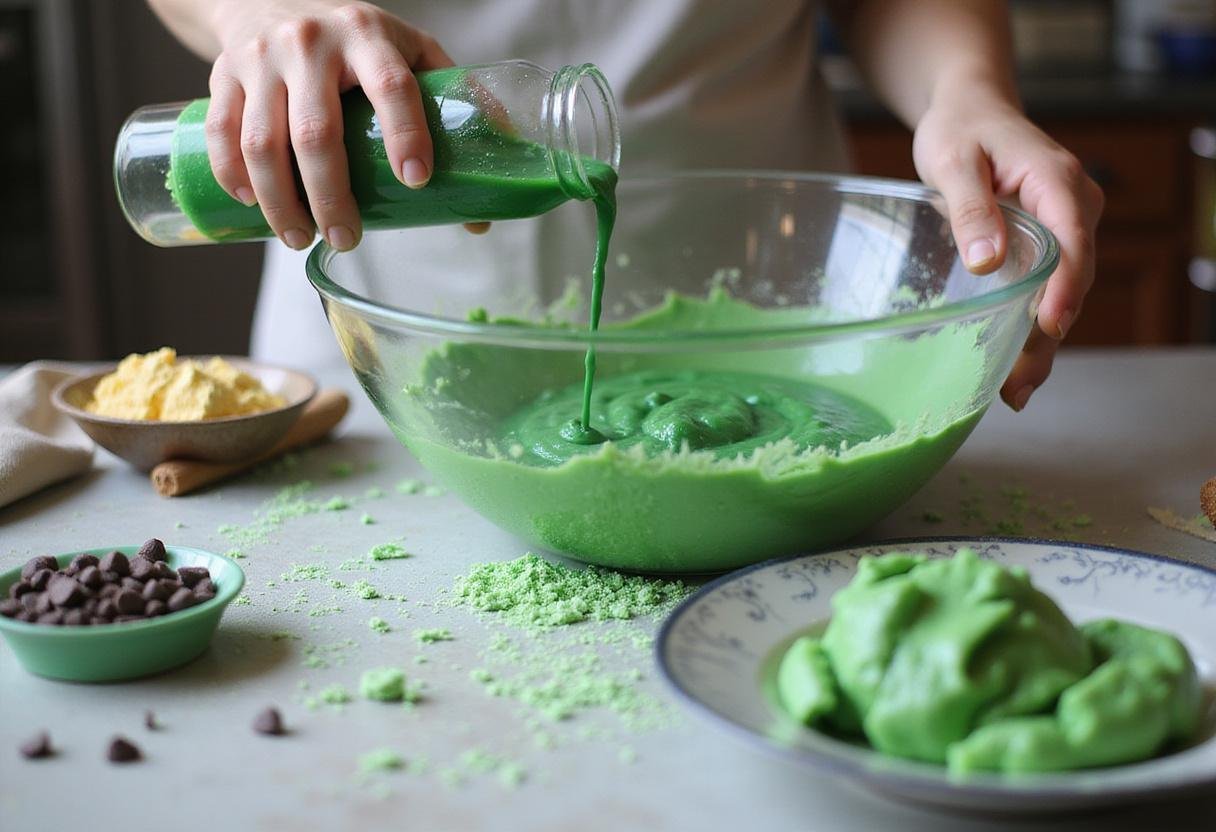 Creating spooky Scooby Doo Creepy Cookies dough by adding green food coloring and chocolate chips for a festive look.
