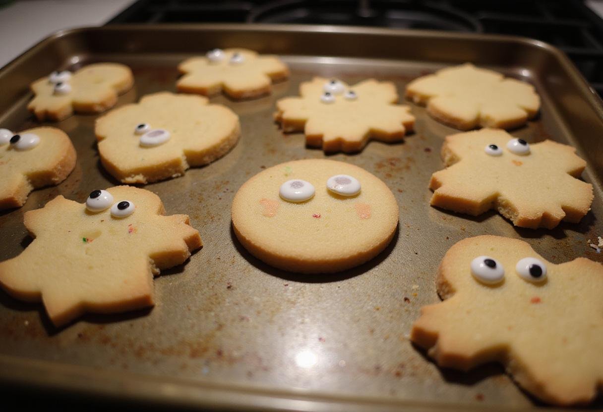 Placing decorated cookie shapes on a baking sheet for baking, perfect for Halloween celebrations.