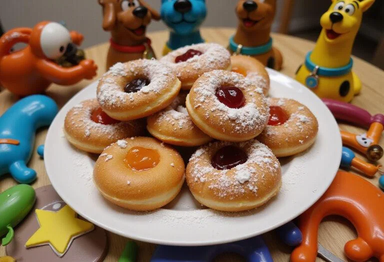 Delicious Scooby Doo jelly donuts filled with jelly and powdered sugar, artfully presented in a fun and colorful setting.