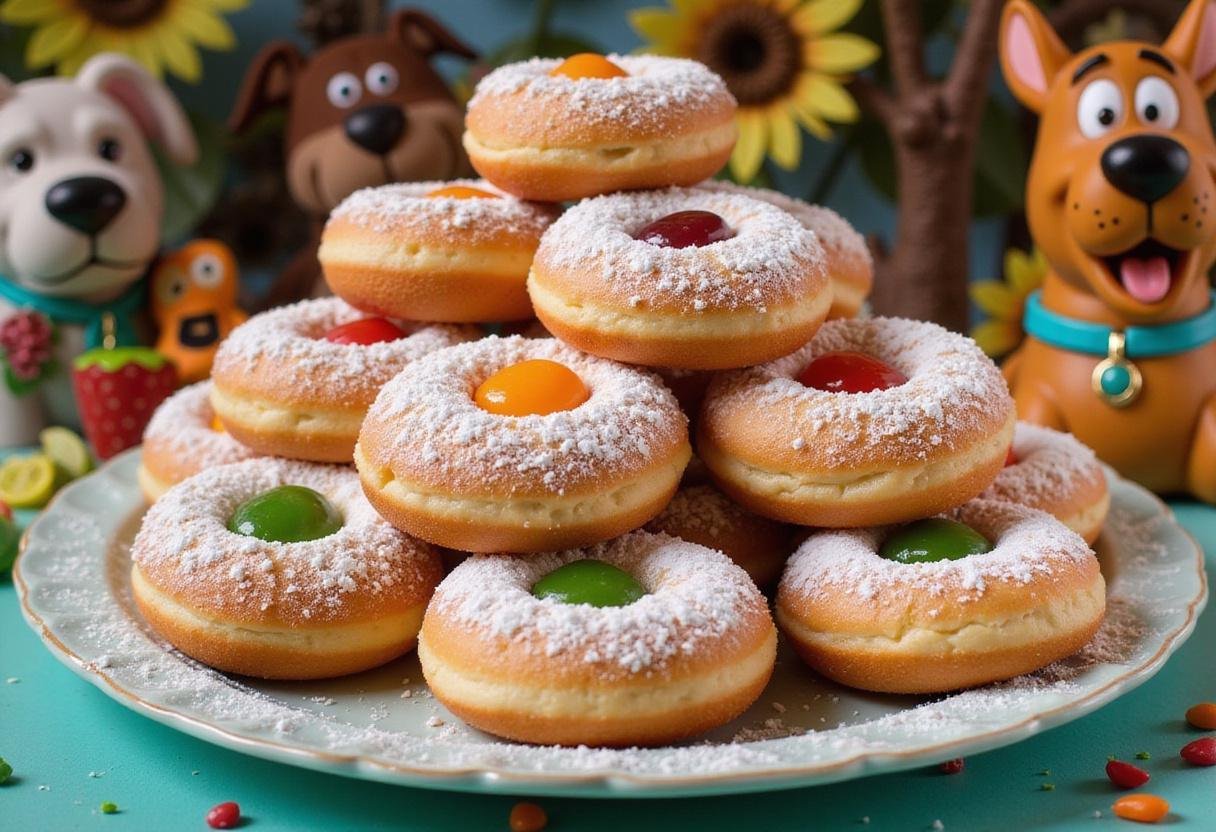 Delicious Scooby Doo jelly donuts filled with jelly and powdered sugar, artfully presented in a fun and colorful setting.