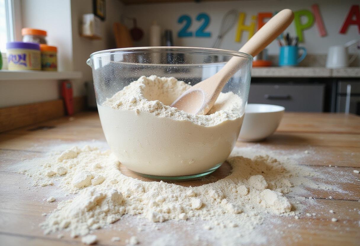 Preparation of Scooby Doo jelly donuts dough with flour and sugar in a colorful kitchen.