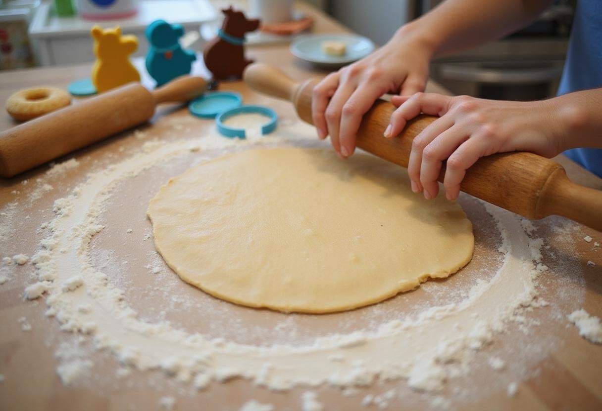 Rolling out dough for Scooby Doo jelly donuts with playful cookie cutters in a vibrant kitchen.