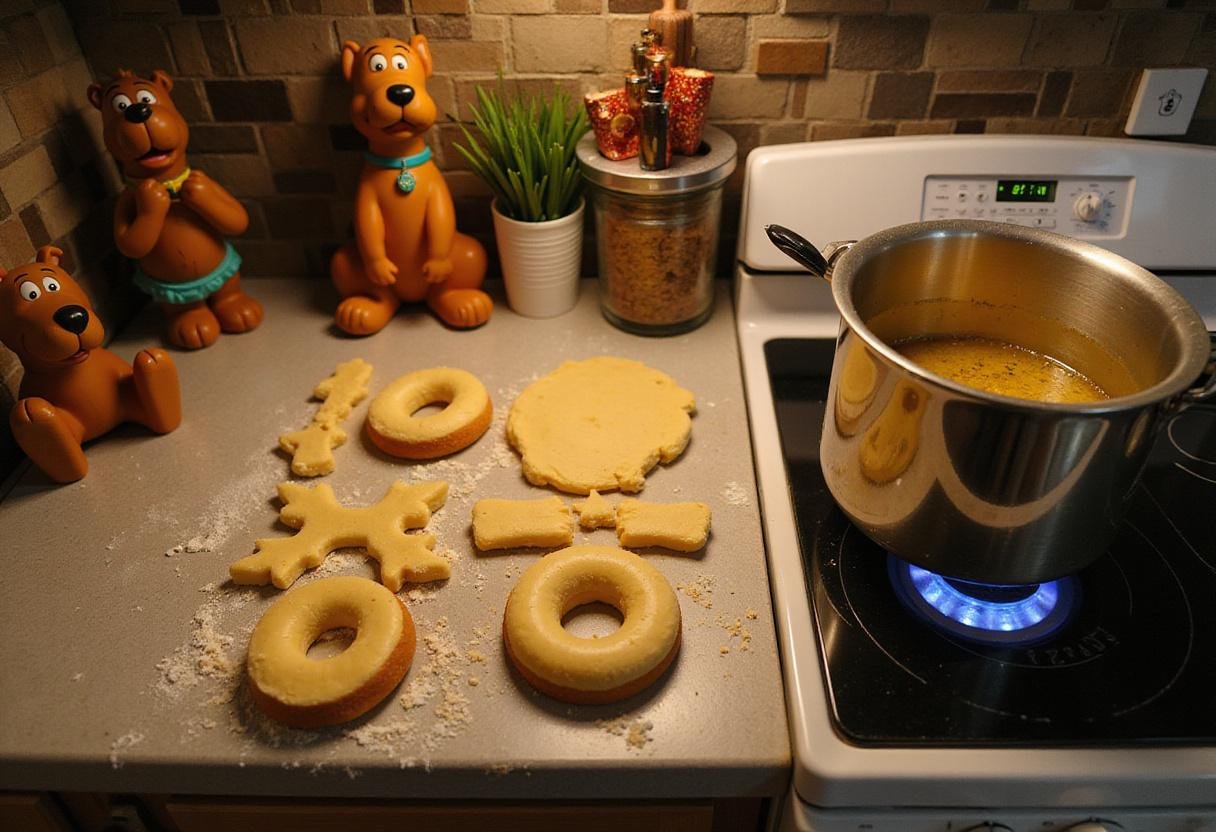 Cutting donut shapes for Scooby Doo jelly donuts, with hot oil in the background ready for frying.