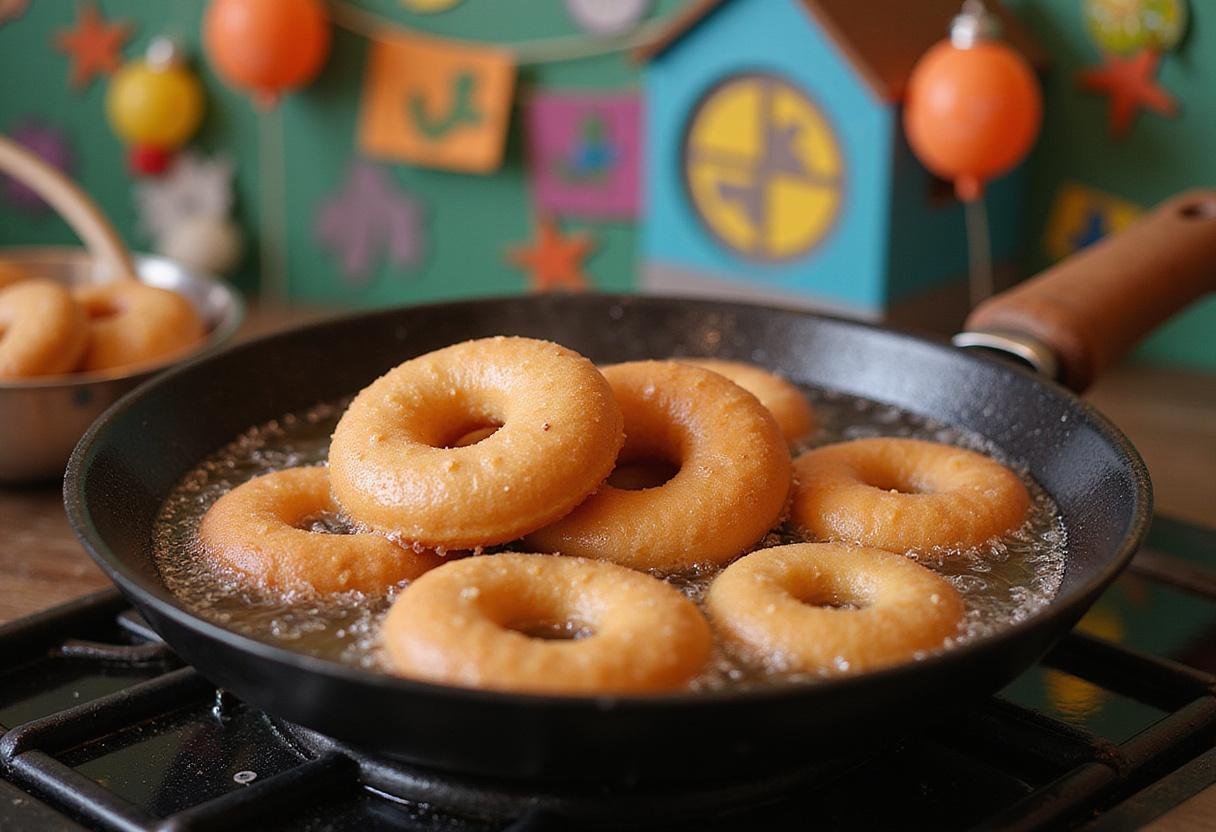 Frying Scooby Doo jelly donuts in a colorful kitchen with a fun atmosphere.
