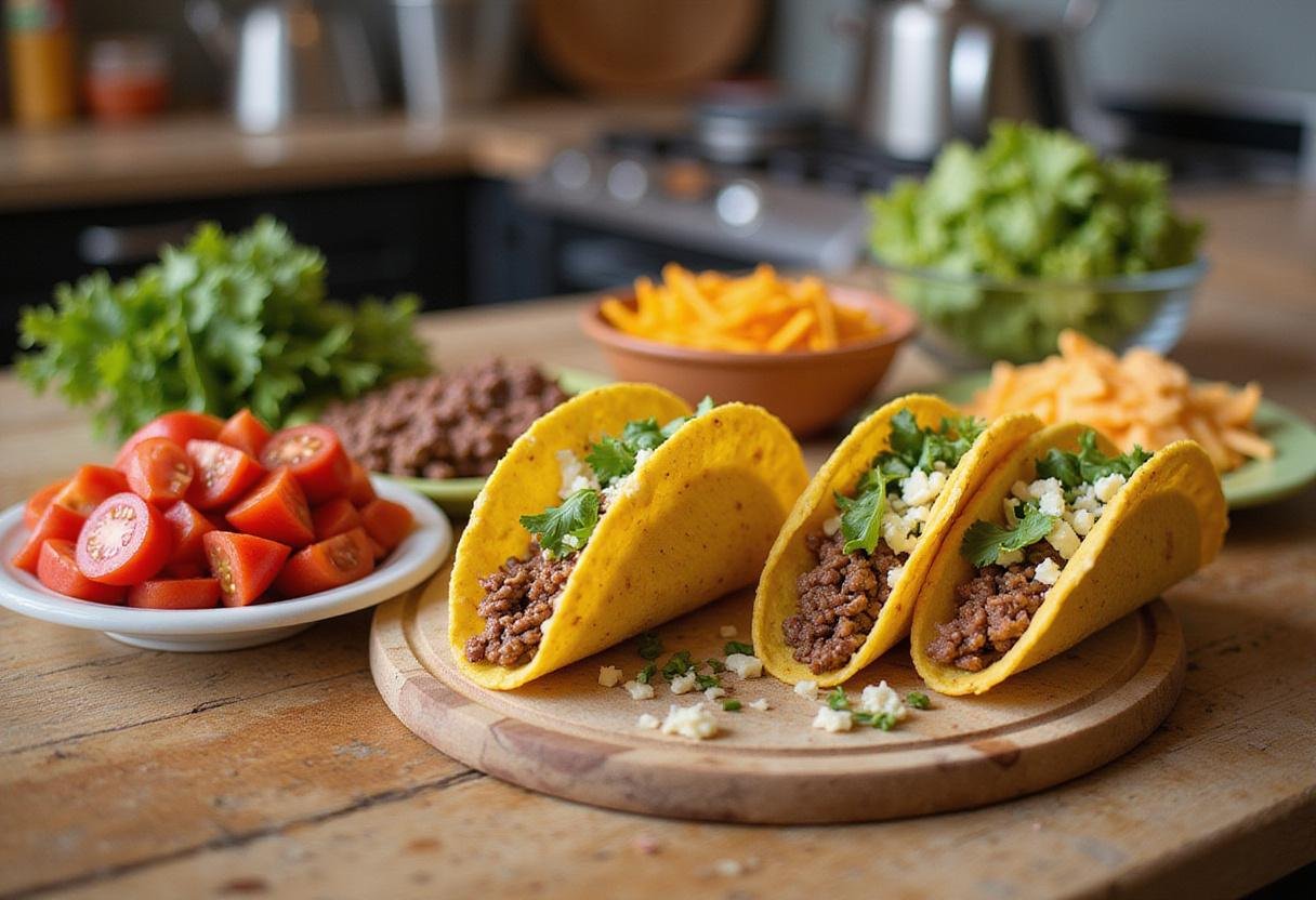 Ingredients for Scooby Doo Monster Tacos including taco shells, ground beef, lettuce, and cheese.