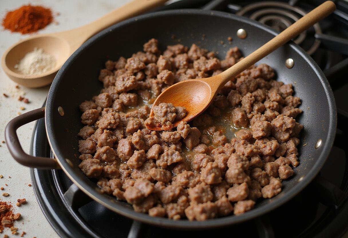 Cooking seasoned ground beef on the stove for Scooby Doo Monster Tacos.