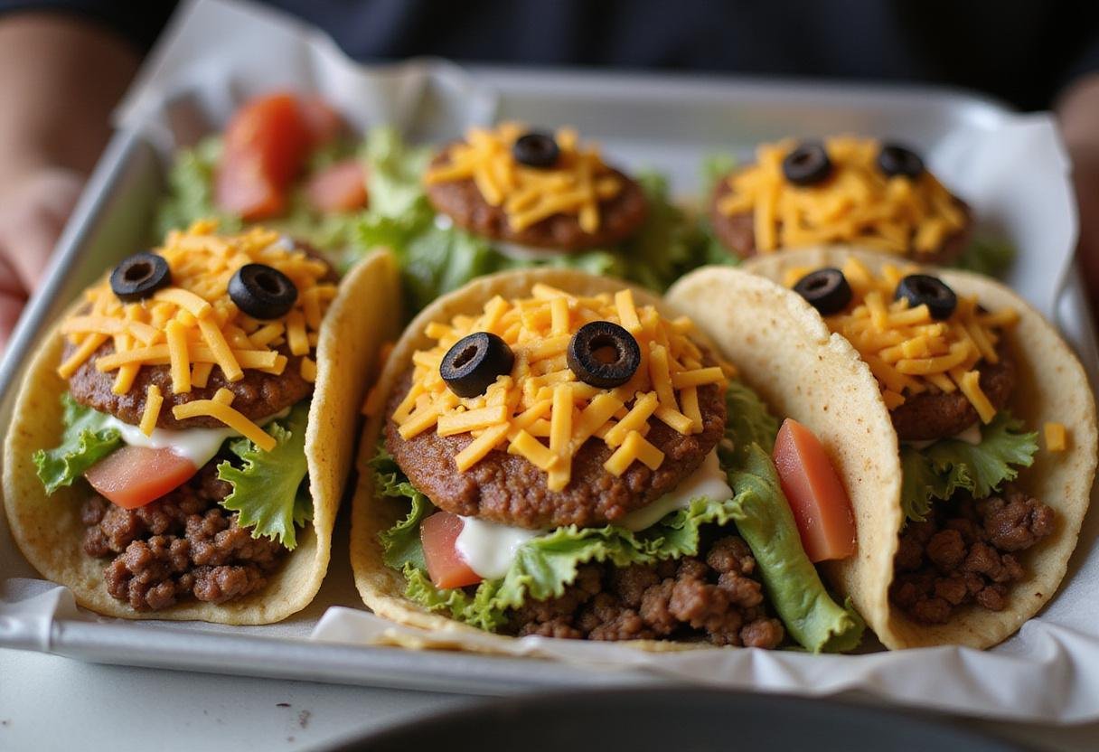 Assembling Scooby Doo Monster Tacos with ground beef and colorful toppings.