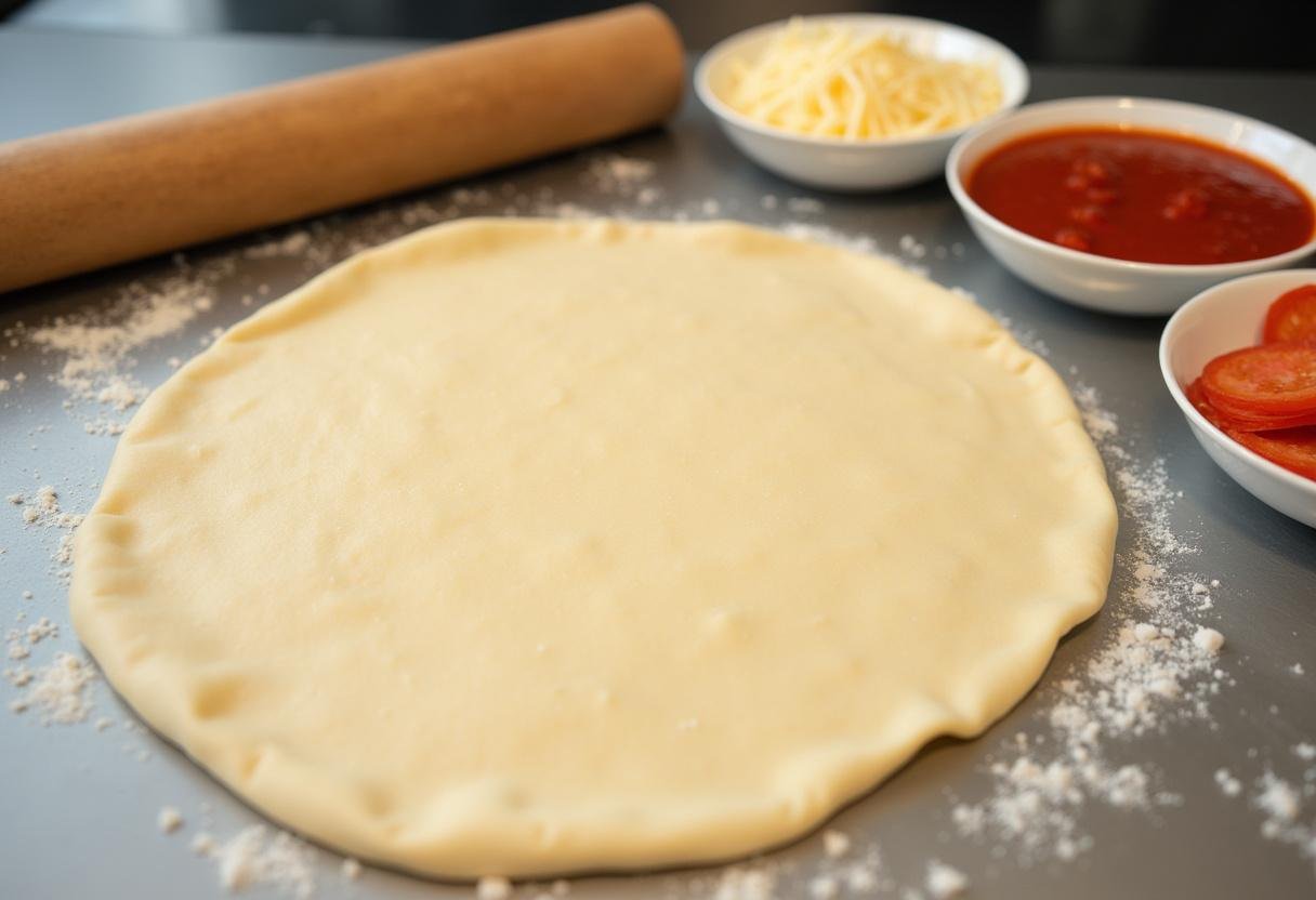 Ingredients for Scooby Doo Pizza Rolls laid out on a countertop, including pizza dough, sauce, cheese, and pepperoni.