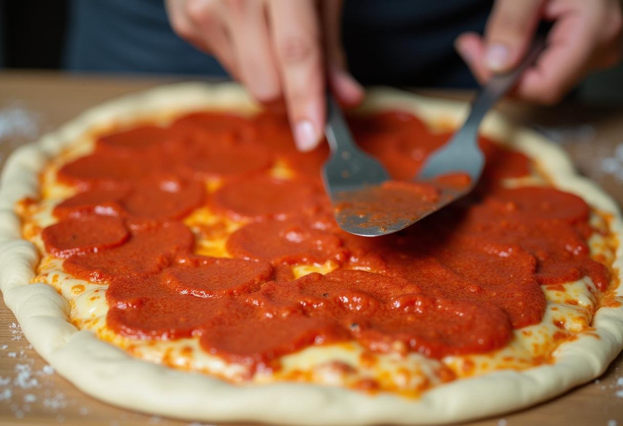 Spreading pizza sauce over dough for Scooby Doo Pizza Rolls preparation.