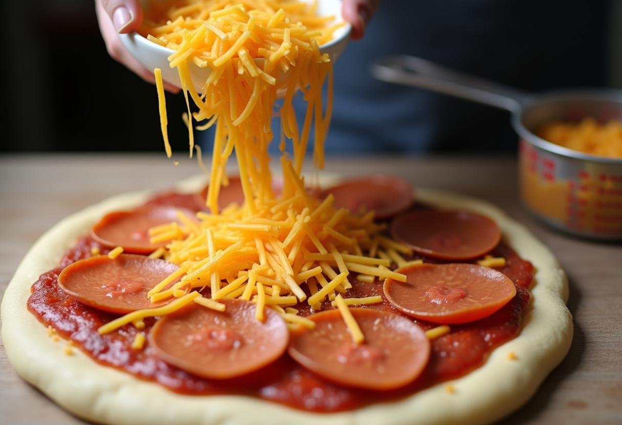 Cheese and pepperoni added to dough for preparing delicious Scooby Doo Pizza Rolls.