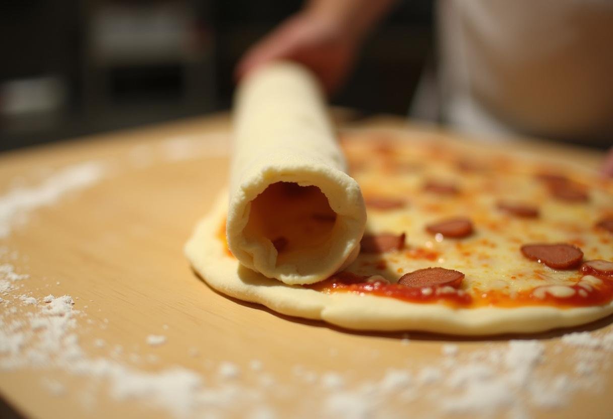 Rolling up pizza dough filled with cheese and pepperoni for Scooby Doo Pizza Rolls.