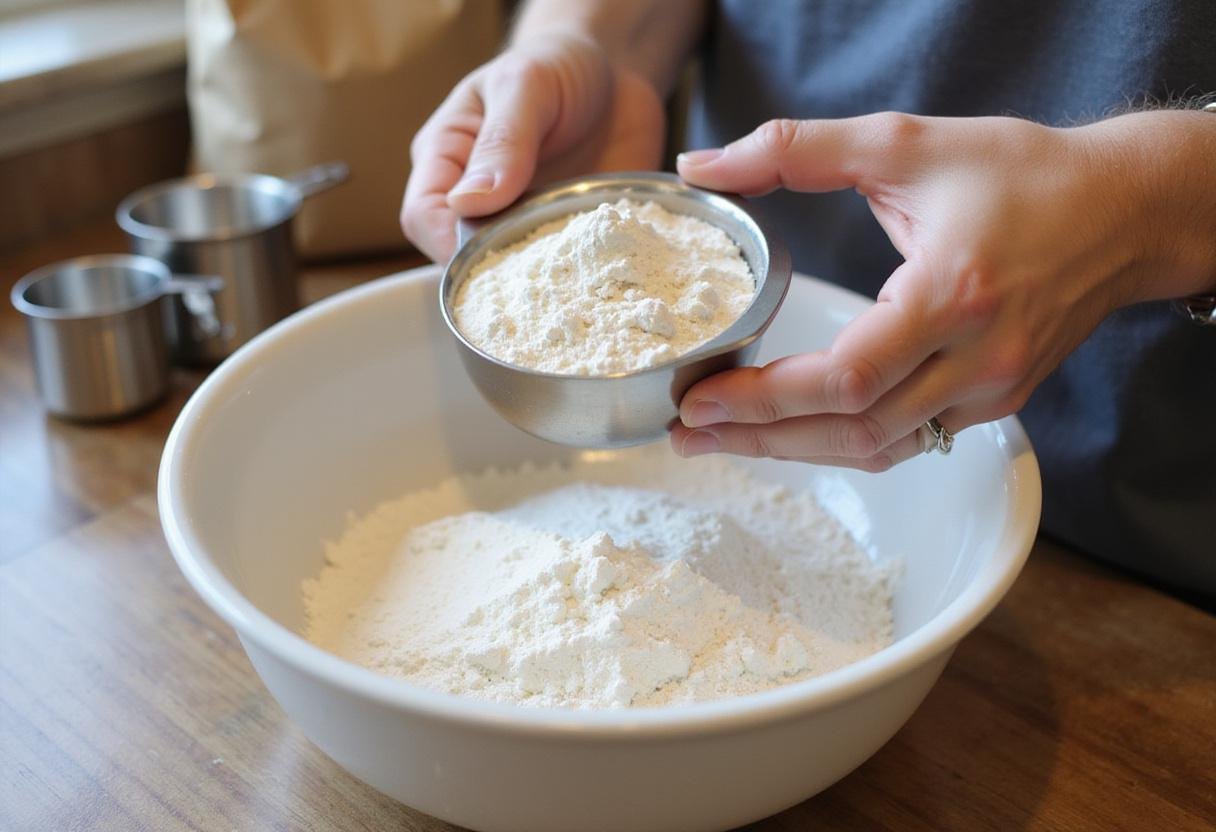 Whole wheat flour being measured for homemade Scooby Doo Scooby Snacks, a healthy dog treat recipe.