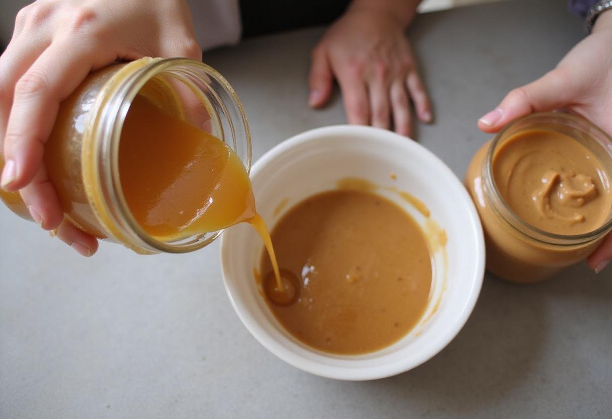 Adding peanut butter and honey to create a delicious mixture for Scooby Doo Scooby Snacks, perfect for dogs.