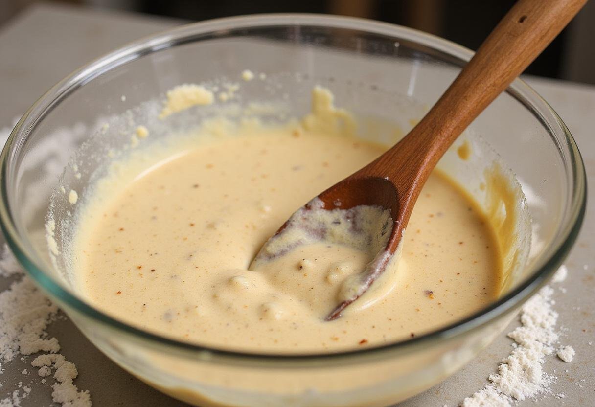 Stirring the dog treat mixture for Scooby Doo Scooby Snacks, ensuring all ingredients are well combined.