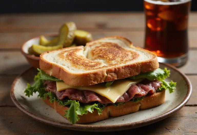 A beautifully crafted Seinfeld Marble Rye Sandwich on a rustic plate, featuring delectable layers of pastrami and Swiss cheese, served with pickles and a refreshing soda, epitomizing classic deli favorites.