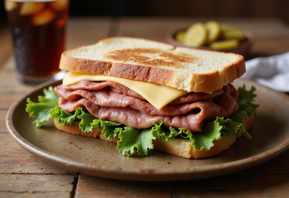 A beautifully crafted Seinfeld Marble Rye Sandwich on a rustic plate, featuring delectable layers of pastrami and Swiss cheese, served with pickles and a refreshing soda, epitomizing classic deli favorites.