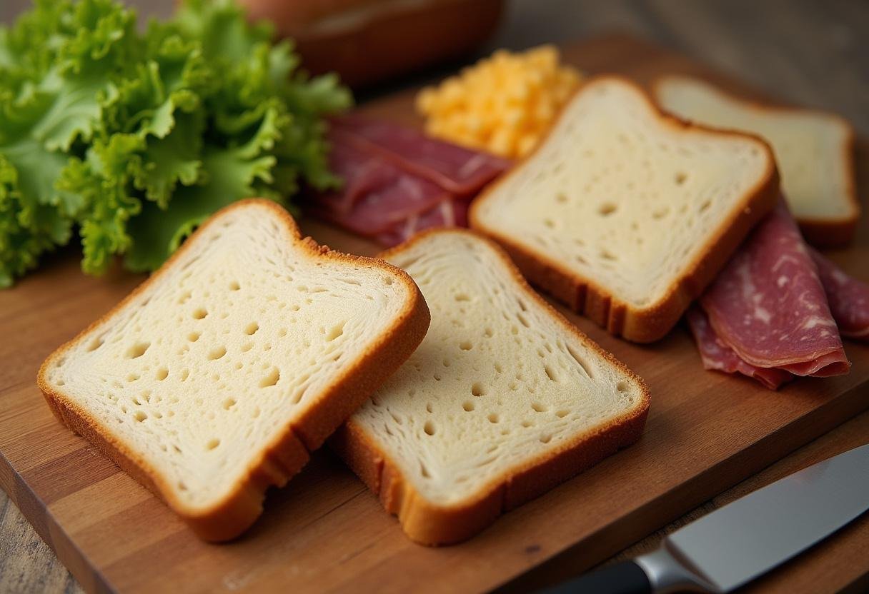 Fresh marble rye bread slices on a cutting board, ready to make a Seinfeld Marble Rye Sandwich, featuring layers of pastrami and Swiss cheese for a classic deli experience.