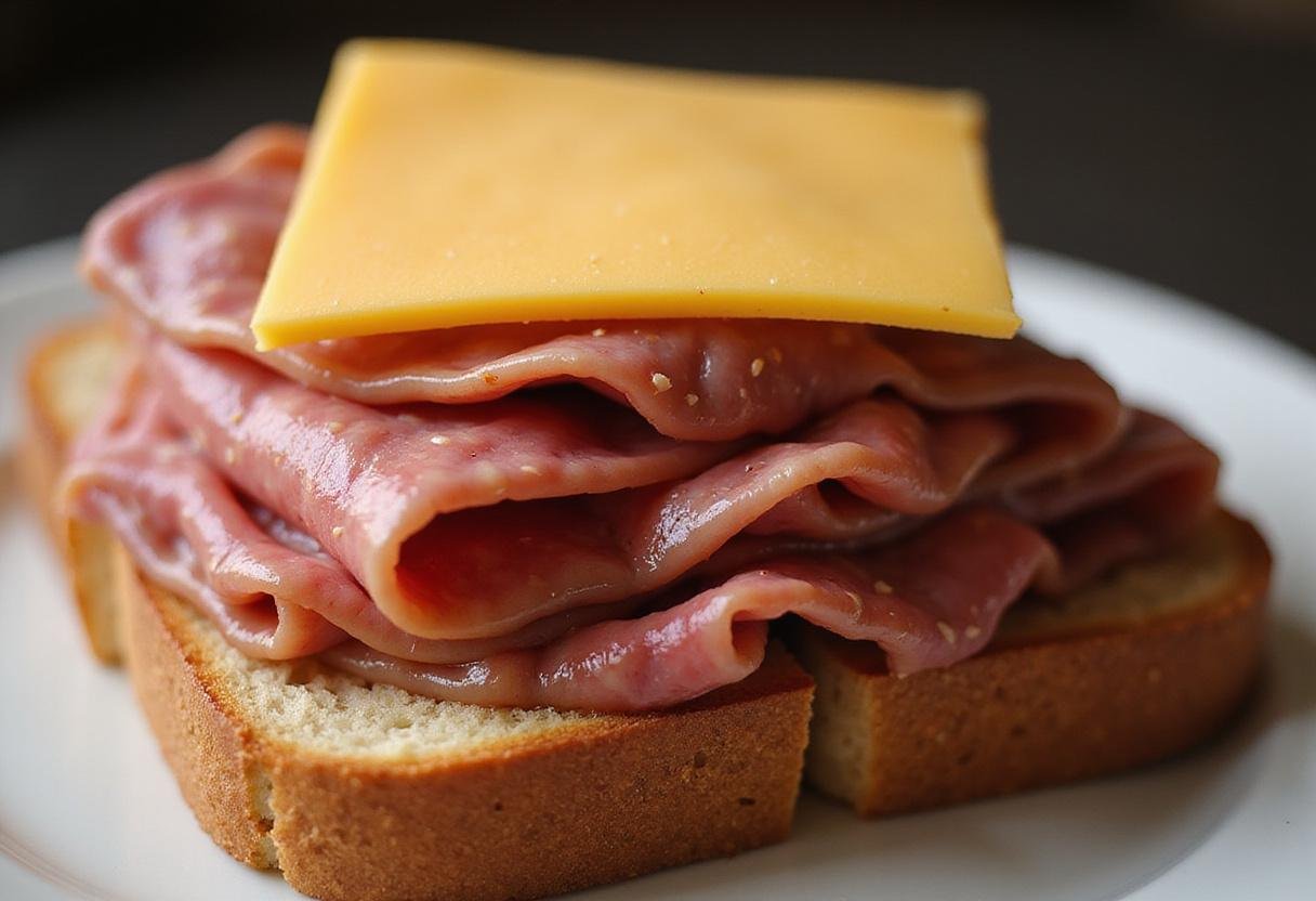 Layering pastrami and Swiss cheese on marble rye bread for an authentic Seinfeld Marble Rye Sandwich, capturing the heartiness of a classic New York deli sandwich.