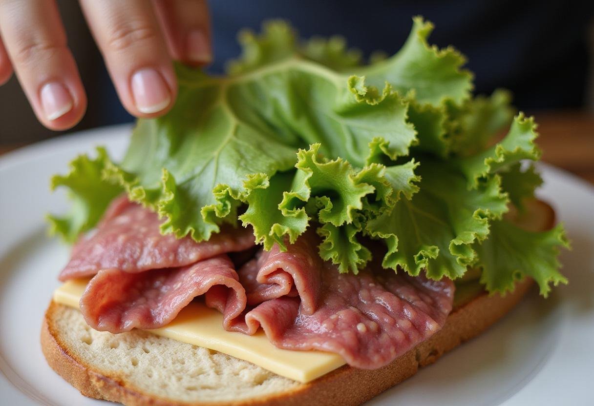Adding fresh lettuce to the Seinfeld Marble Rye Sandwich, enhancing the flavors and textures with a crisp, green touch for a delicious deli-style meal.